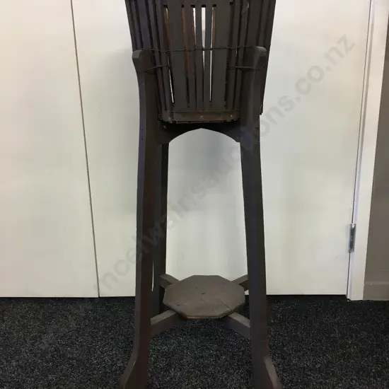 Vintage Wooden Slatted Plant Stand With Shelf H92cm, Dia33cm.