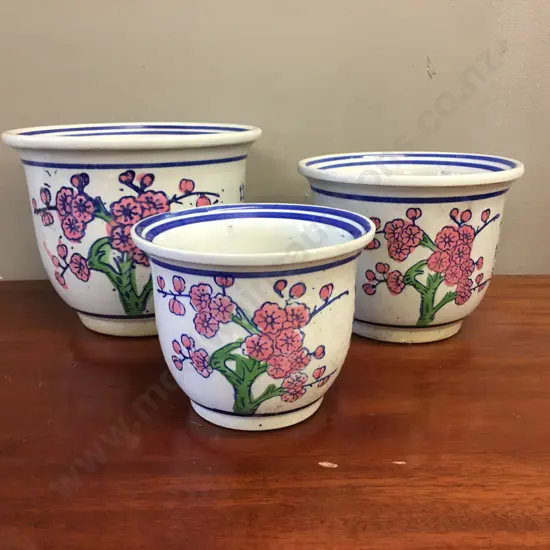 Set Of Three Oriental Themed Planter Pots H11cm-16cm