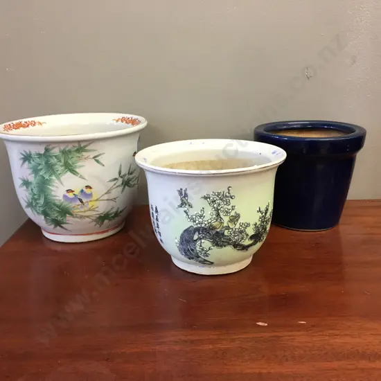 Planter Pots x3 Oriental Themed & Navy Blue