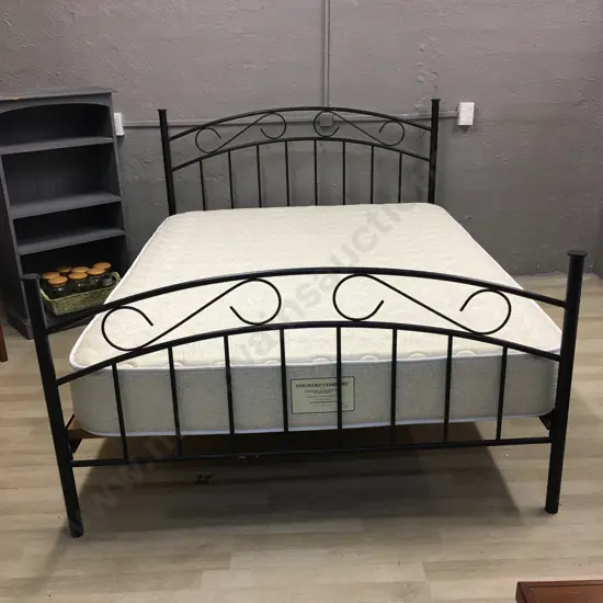 Black Steel Framed Mattress With Wooden Slats & Waikato Bedding Country Comfort Winter / Summer Side Queen Mattress