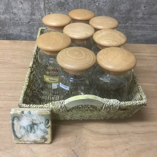 Woven Tray, Storage Jars With Wood Lids, Coaster