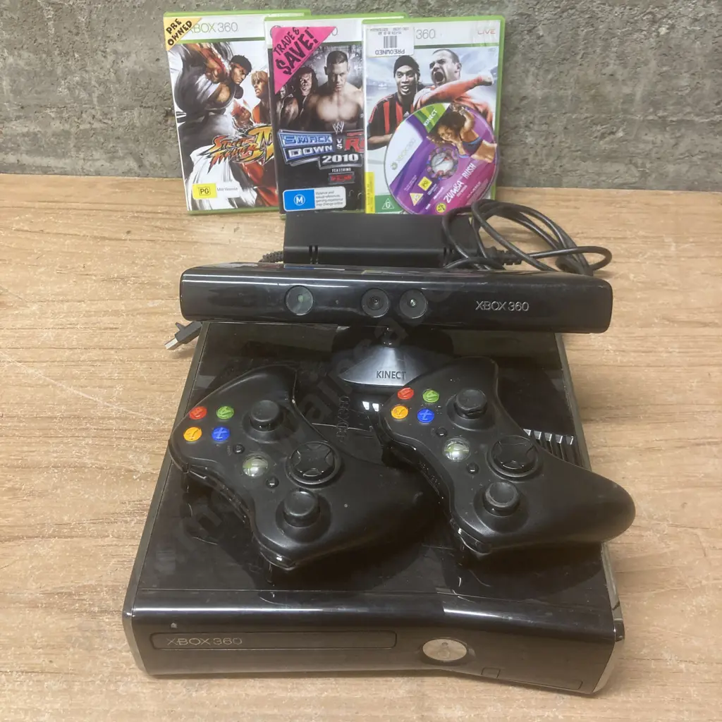 X-Box 360 Console, Black, 2 Controllers, Kinect Camera, 4 Games Image 1++