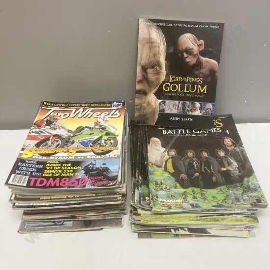 Box Lot Two Wheels Magazines, Lord Of The Rings Gollum & Assorted Battle Games