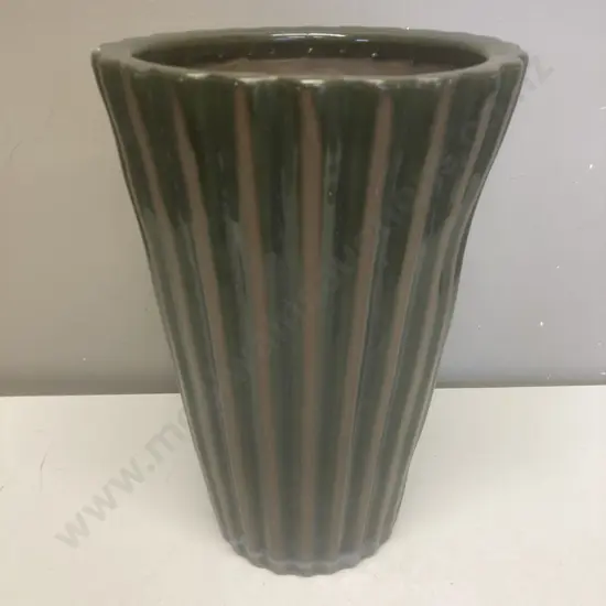 Tall Navy Green Ribbed Plant Pot, 33 x 22.5cm