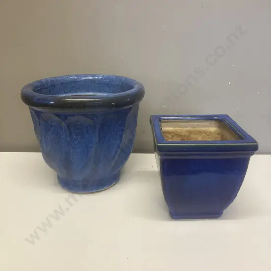 2 Small Blue Glazed Plant Pots