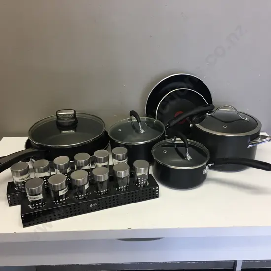 Selection of Pots & Pans Includes Baccaratt, Tefal Etc With S&P Freestanding Spice Racks