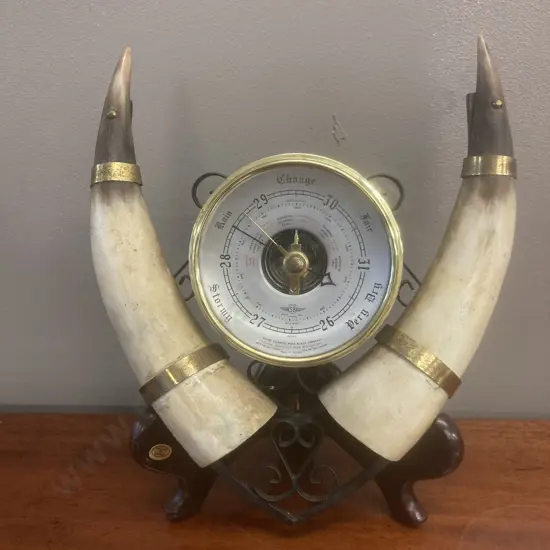 Vintage British Barometer Wall Hanging Weather Station, Black Metal & Brass With Pair of Cow Horns, 25 x 22cm