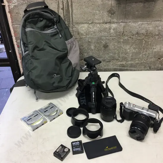 Panasonic LUMIX GX7 16.0 MP DSLM Camera with Tilt-Live Viewfinder, 2 Lenses, Slik Mini II Tripod, Lowepro Camera Bag Etc