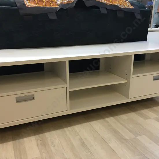 White Criterion Furniture Entertainment Unit, 2 Drawer, Polished Aluminum Recessed Handles & Feet, H52 W180 D59.5cm