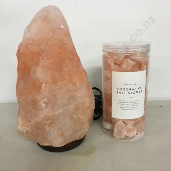 Himalayan Salt Lamp On Wooden Base, H28cm With a Container of Decorative Salt Stones