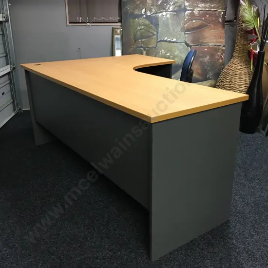Office Desk With RH Return, Dark Grey & Wood Grain Effect, H73 W180 D60 / 120cm With a Blue Avant Office Chair