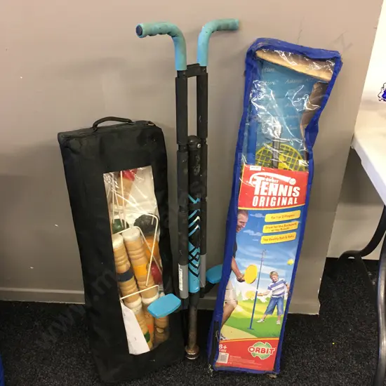 Unused Swing Ball Orbit Tennis Original, With Family Croquet Set & Pogo Stick