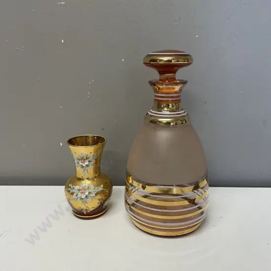 Vintage Venetian Glass Vase with Gilded Pink and White Art deco Glass Decanter