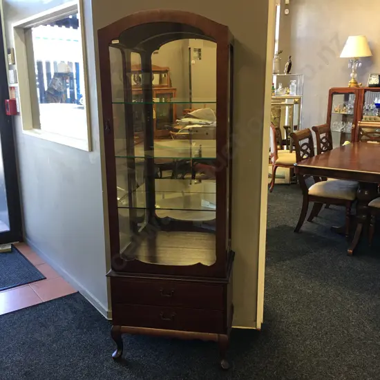 Queen Anne Solid Mahogany Dome Top Cabinet, 3 Adj Glass Shelves, Mirror Back, 2 Drawers In Base, 174 x 58.5cm