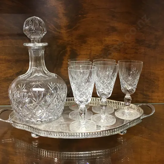 Bohemian Crystal Decanter With Six Sherry Glasses On Silver Plated Footed Serving Tray 