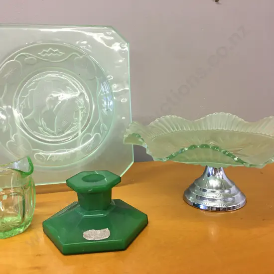 Selection Of Depression Glass Items & Candle Holder