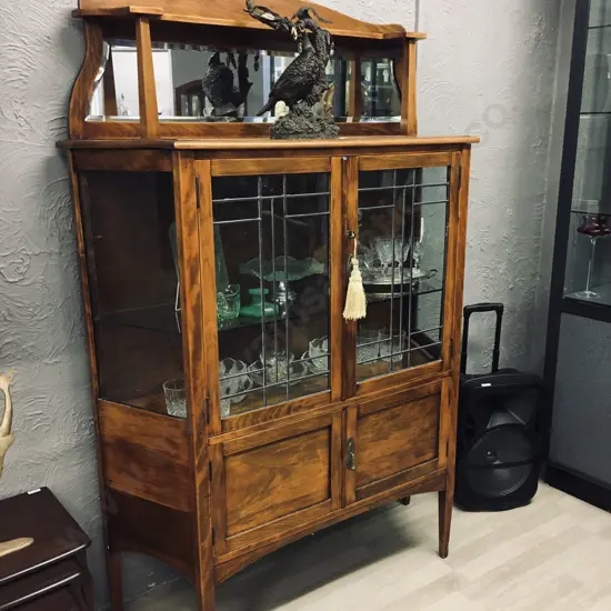 Antique Kauri Canted Side Display Cabinet, 4 Door (2 Leadlight) Bevelled Mirror, Key, Glass Shelves, H175 W122 D38cm