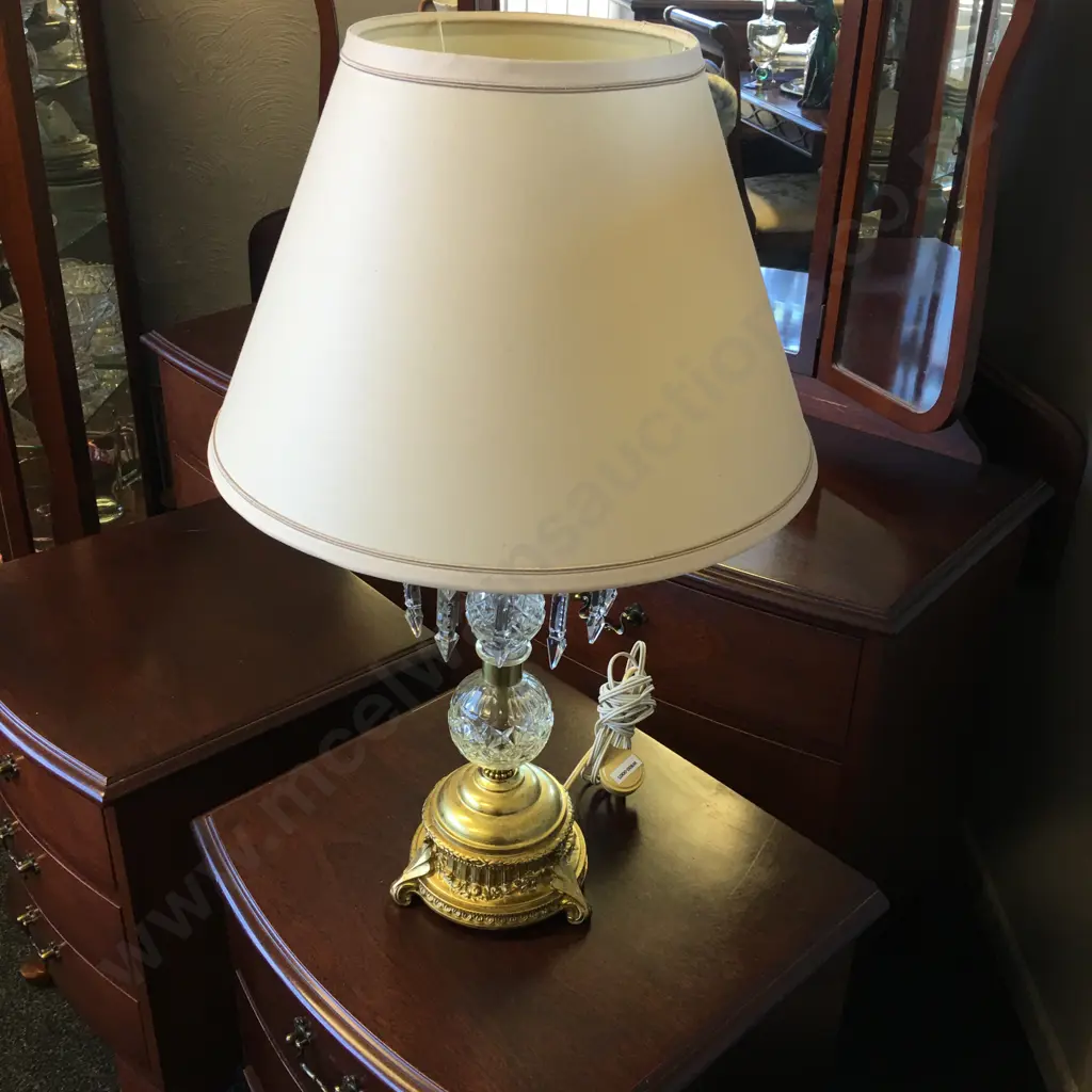 Vintage Brass & Crystal Table Lamp With a Cream Colour Shade, H68cm Image 1++