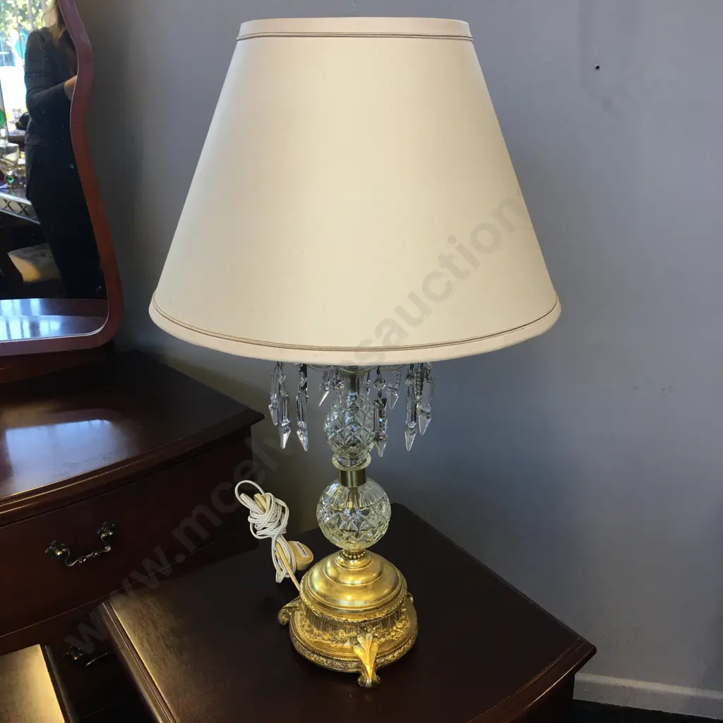 Vintage Brass & Crystal Table Lamp With a Cream Colour Shade, H68cm Image 1++