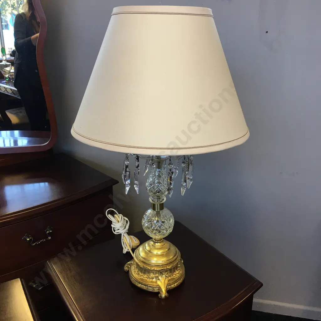 Vintage Brass & Crystal Table Lamp With a Cream Colour Shade, H68cm Image 1++