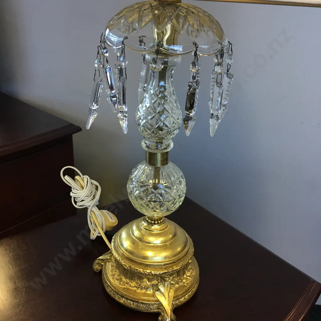 Vintage Brass & Crystal Table Lamp With a Cream Colour Shade, H68cm Image 1++