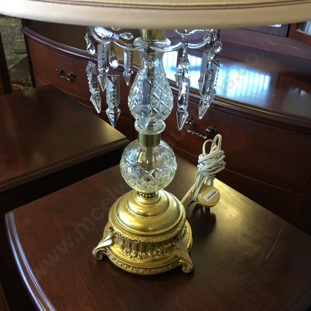 Vintage Brass & Crystal Table Lamp With a Cream Colour Shade, H68cm Image 1++