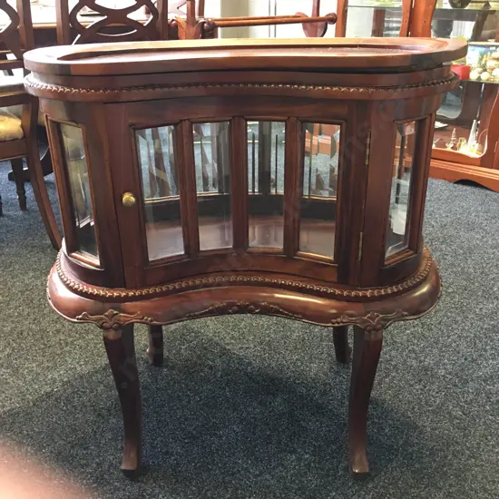 Vintage Kidney Shaped Reproduction Cocktail Cabinet, Glass Panels, Single Door With Removable Tray To Top, 78 x 73cm