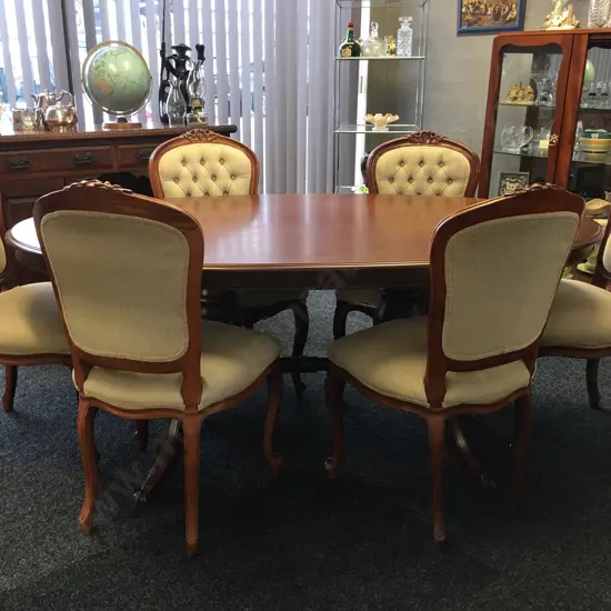 Oval Mahogany Dining Table, 181 x 108cm, Double Pedestal & Brass Claw Feet, 6 Wheat Fabric Carved Button Back Chairs