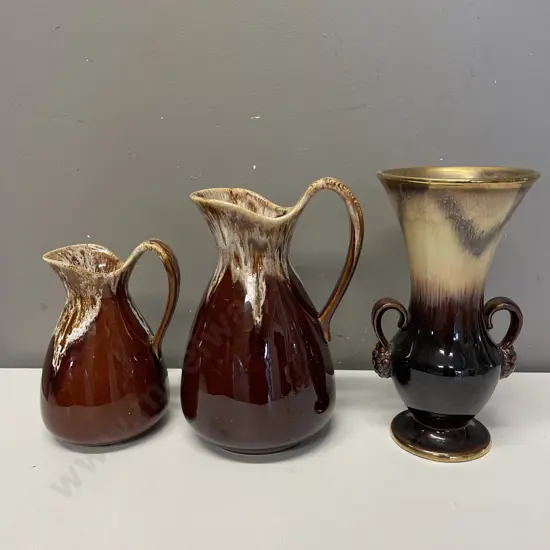 Vintage Mid Century English Pottery Jugs x 2 with German 2 handled Vase