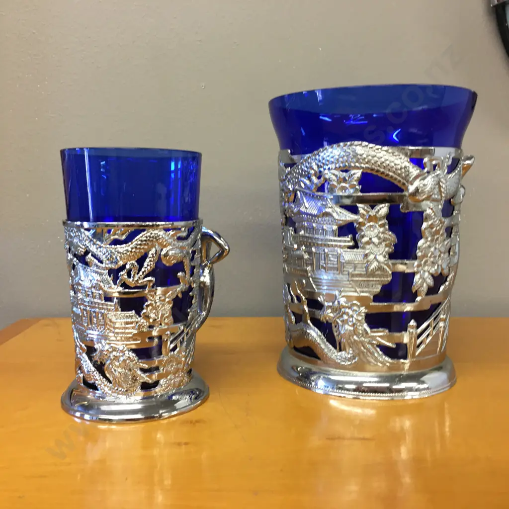 Mid Century Blue & Silver/Chrome Oriental Style & Nude Women Mugs Image 1++