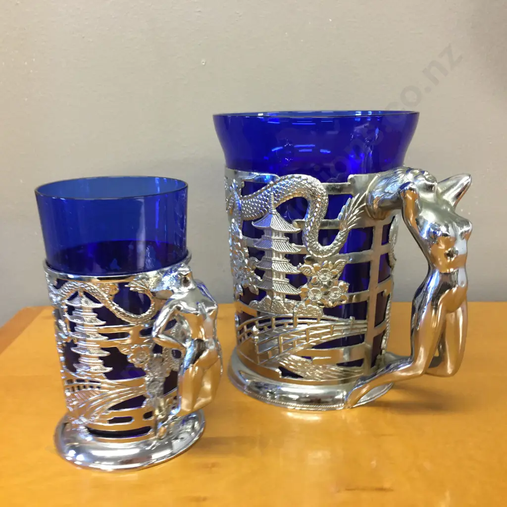 Mid Century Blue & Silver/Chrome Oriental Style & Nude Women Mugs Image 1++