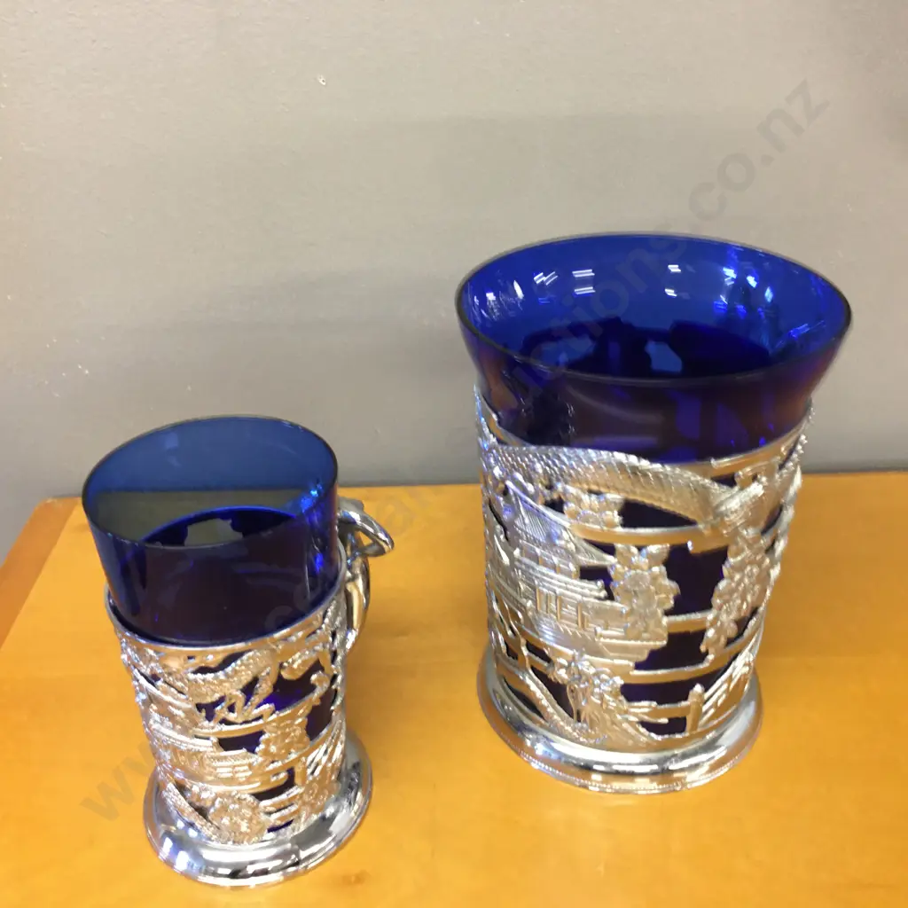 Mid Century Blue & Silver/Chrome Oriental Style & Nude Women Mugs Image 1++