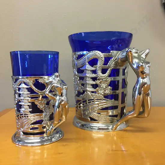 Mid Century Blue & Silver/Chrome Oriental Style & Nude Women Mugs