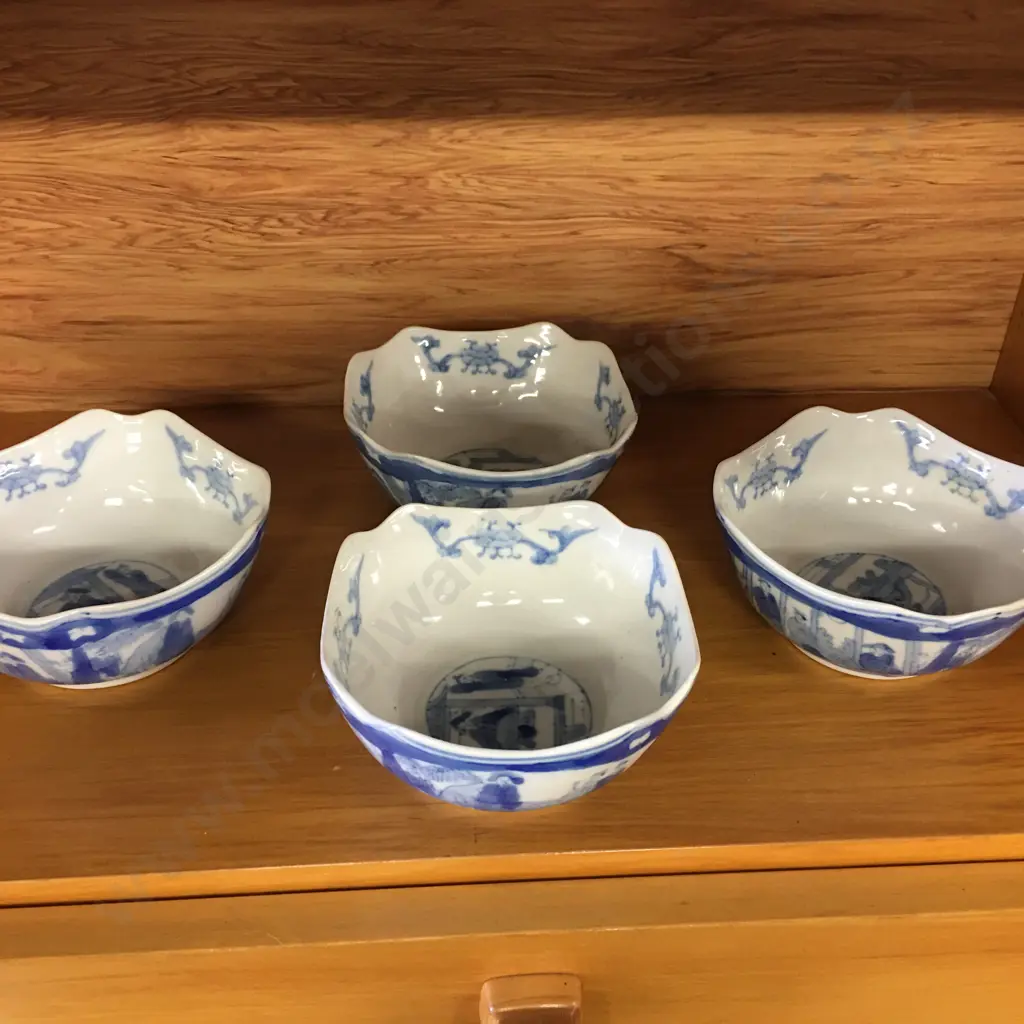 Blue & White Japanese Square Porcelain Bowls x 4 Image 1++
