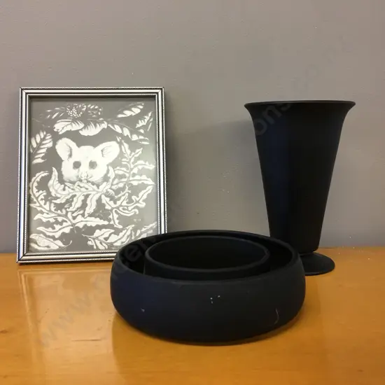 Framed Artwork Signed Rei Hamon With Black Vase & Posie Bowl