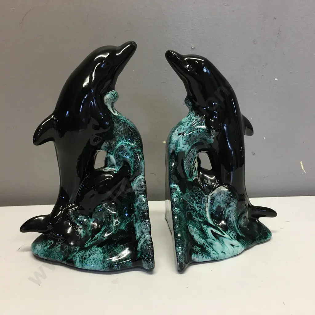 Glazed Ceramic Dolphin Bookends (As Found) Image 1++