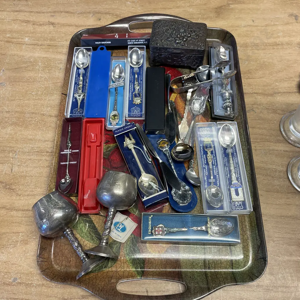 Assorted Silverware, Boxed Teaspoons etc on Tray Image 1++