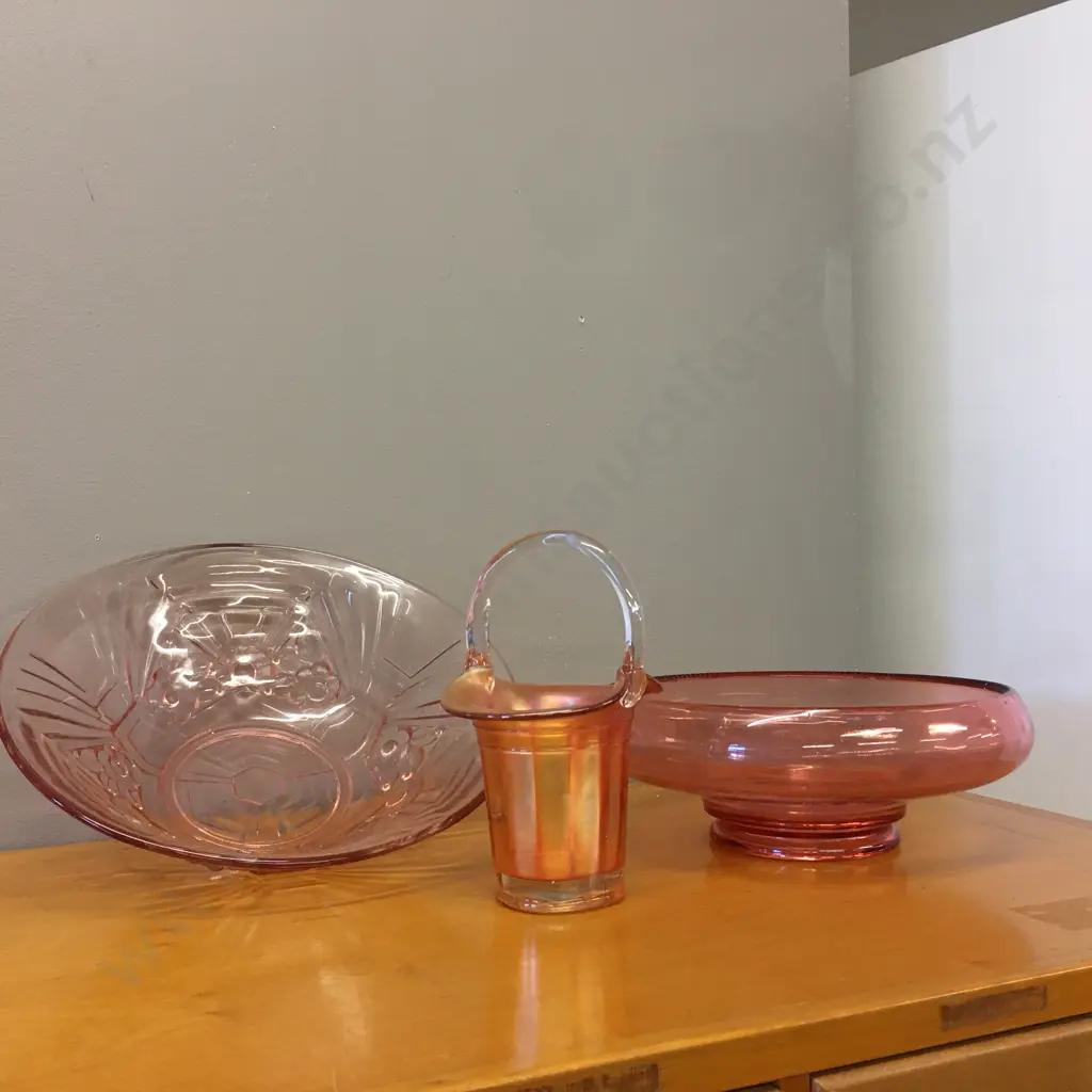 Vintage Pink Footed Glass Bowl, Depression Bowl & Marigold Coloured Glass Basket Image 1++