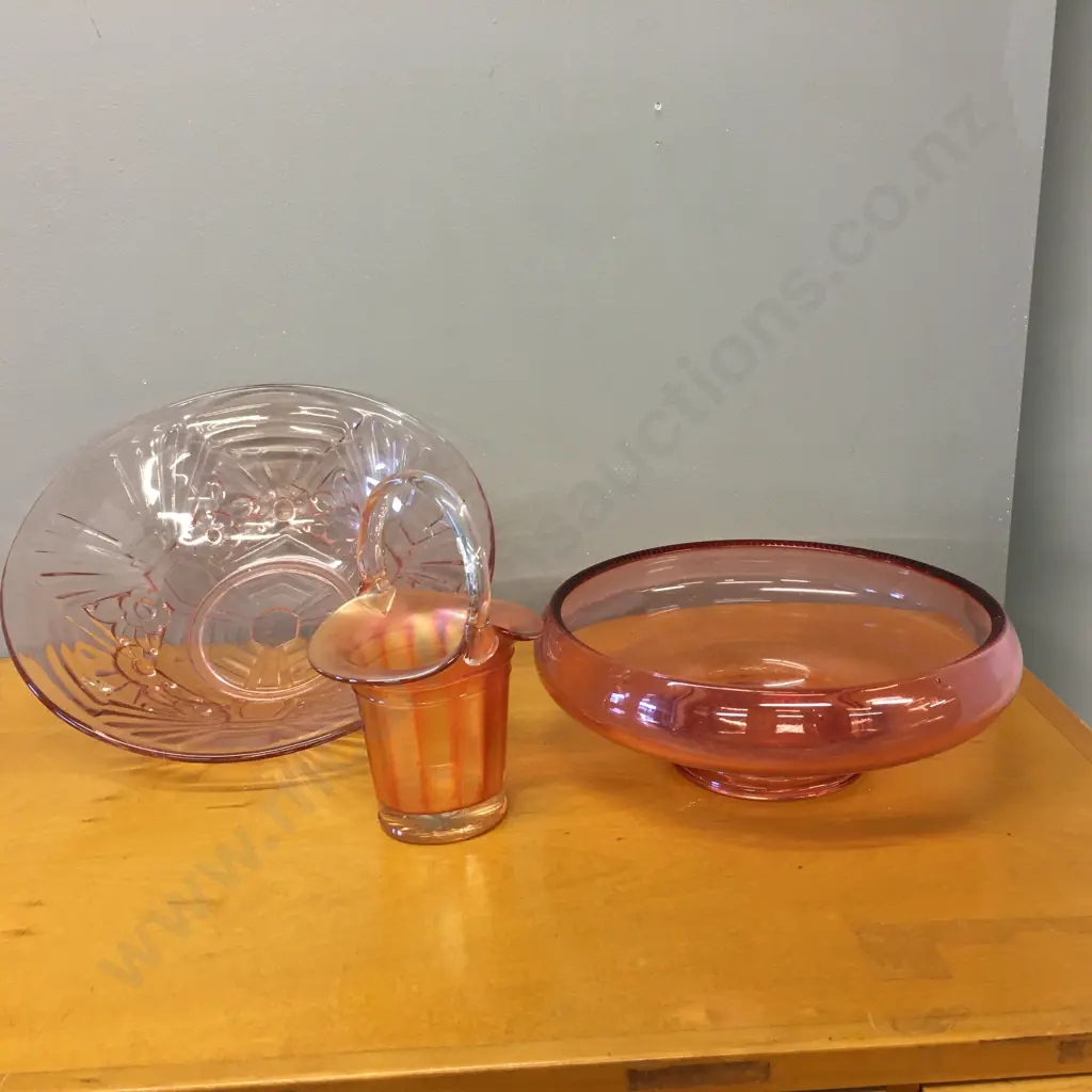 Vintage Pink Footed Glass Bowl, Depression Bowl & Marigold Coloured Glass Basket Image 1++