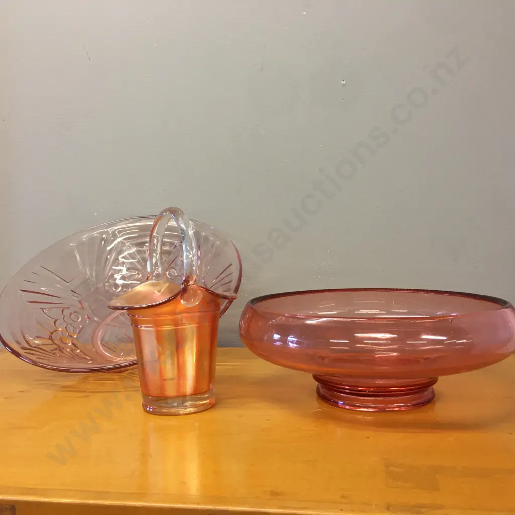 Vintage Pink Footed Glass Bowl, Depression Bowl & Marigold Coloured Glass Basket Image 1++