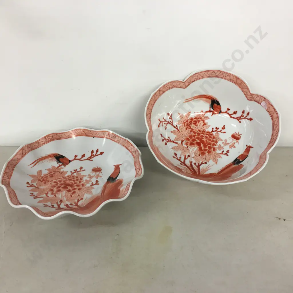Vintage Decorative Japanese Bowls x 2 - Burnt Orange & White Image 1++