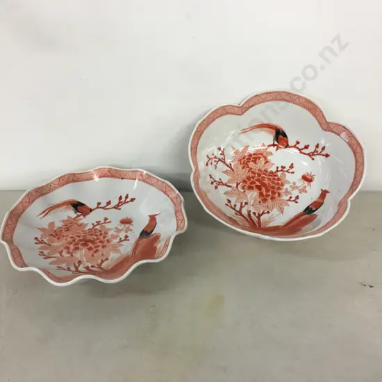Vintage Decorative Japanese Bowls x 2 - Burnt Orange & White