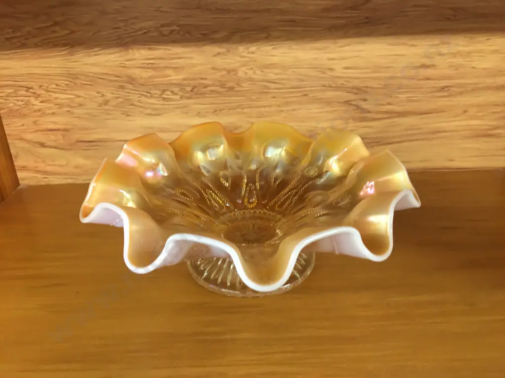 Vintage Dugan Raindrops Peach Opalescent Footed Bowl, 23cm Image 1++