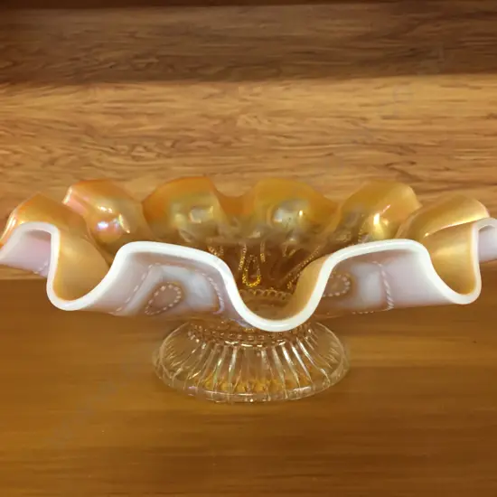 Vintage Dugan Raindrops Peach Opalescent Footed Bowl, 23cm