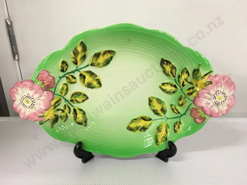 Vintage Staffordshire Shorter & Sons English China Hand Painted Oval Serving Dish With Pink Moulded Floral Detail L33cm. Image 1++