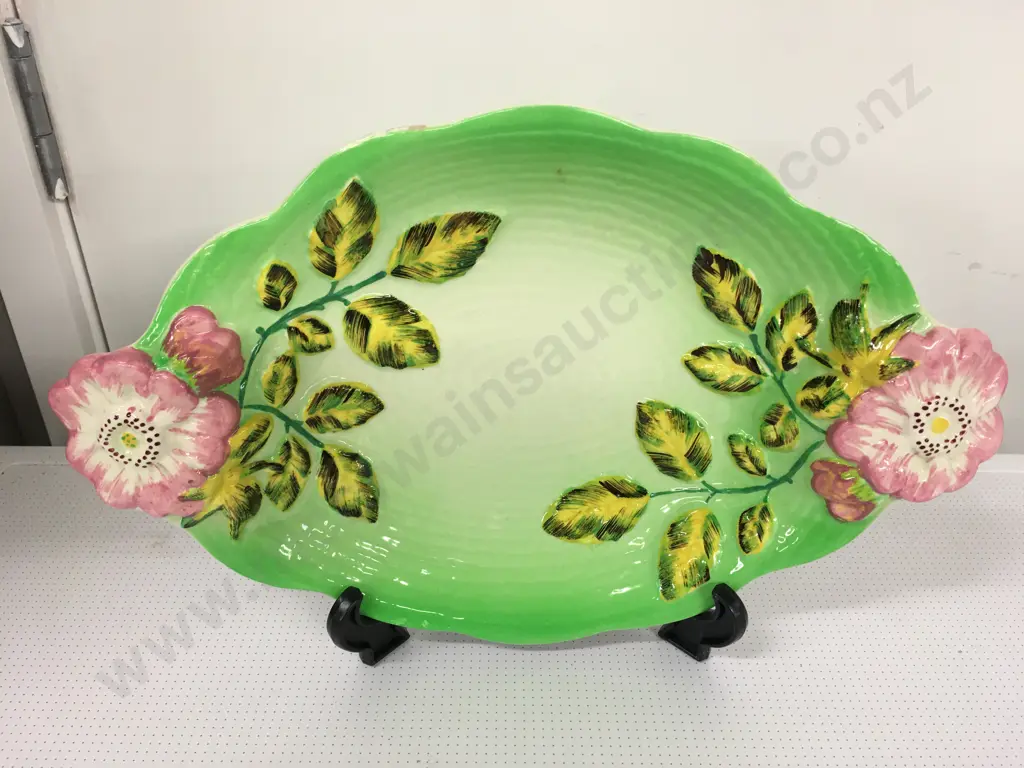 Vintage Staffordshire Shorter & Sons English China Hand Painted Oval Serving Dish With Pink Moulded Floral Detail L33cm. Image 1++