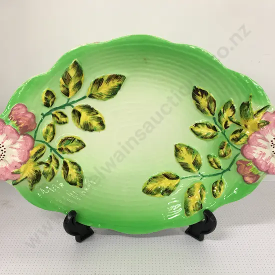 Vintage Staffordshire Shorter & Sons English China Hand Painted Oval Serving Dish With Pink Moulded Floral Detail L33cm.