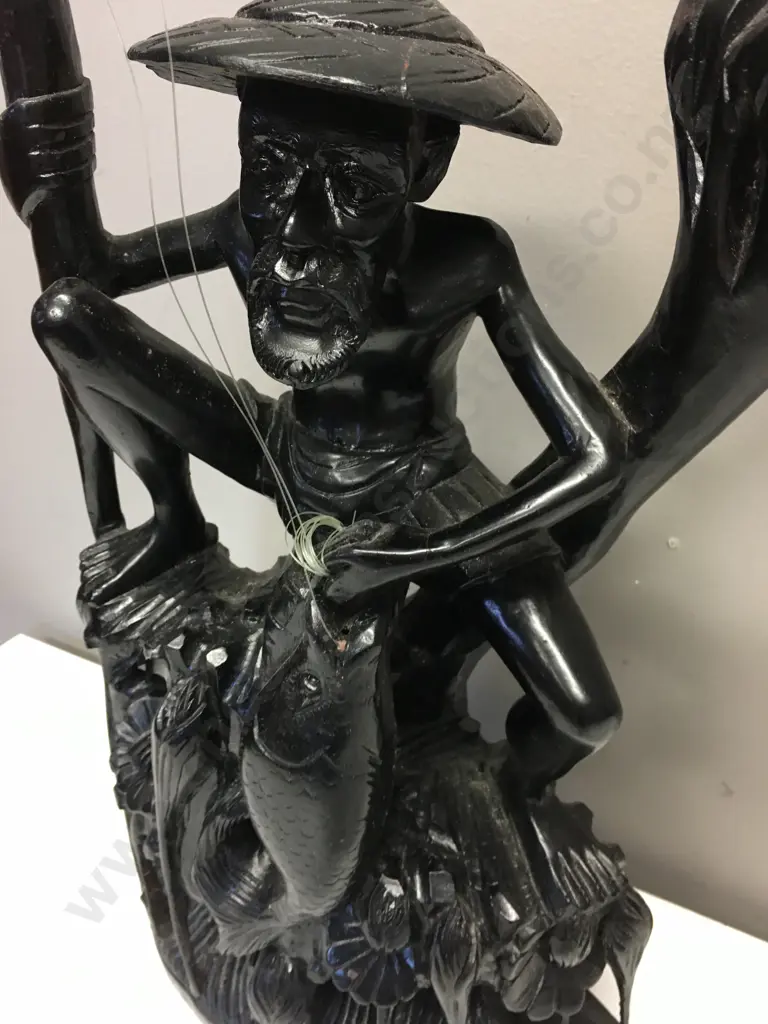 Chinese 20th Century Carved Wood Fisherman With Fishing Rod, 65 x 24cm (Rod Needs Repair) Image 1++