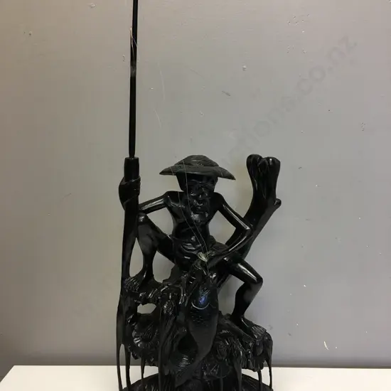 Chinese 20th Century Carved Wood Fisherman With Fishing Rod, 65 x 24cm (Rod Needs Repair)