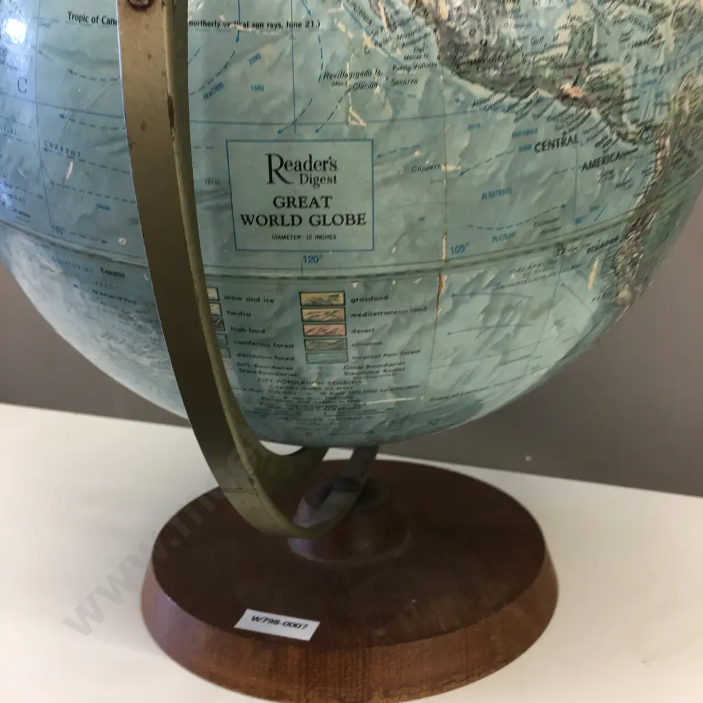 Vintage 1960s Reader's Digest Great World 12" Globe, Replogle Globes USA Wooden Base, Raised Relief Image 1++